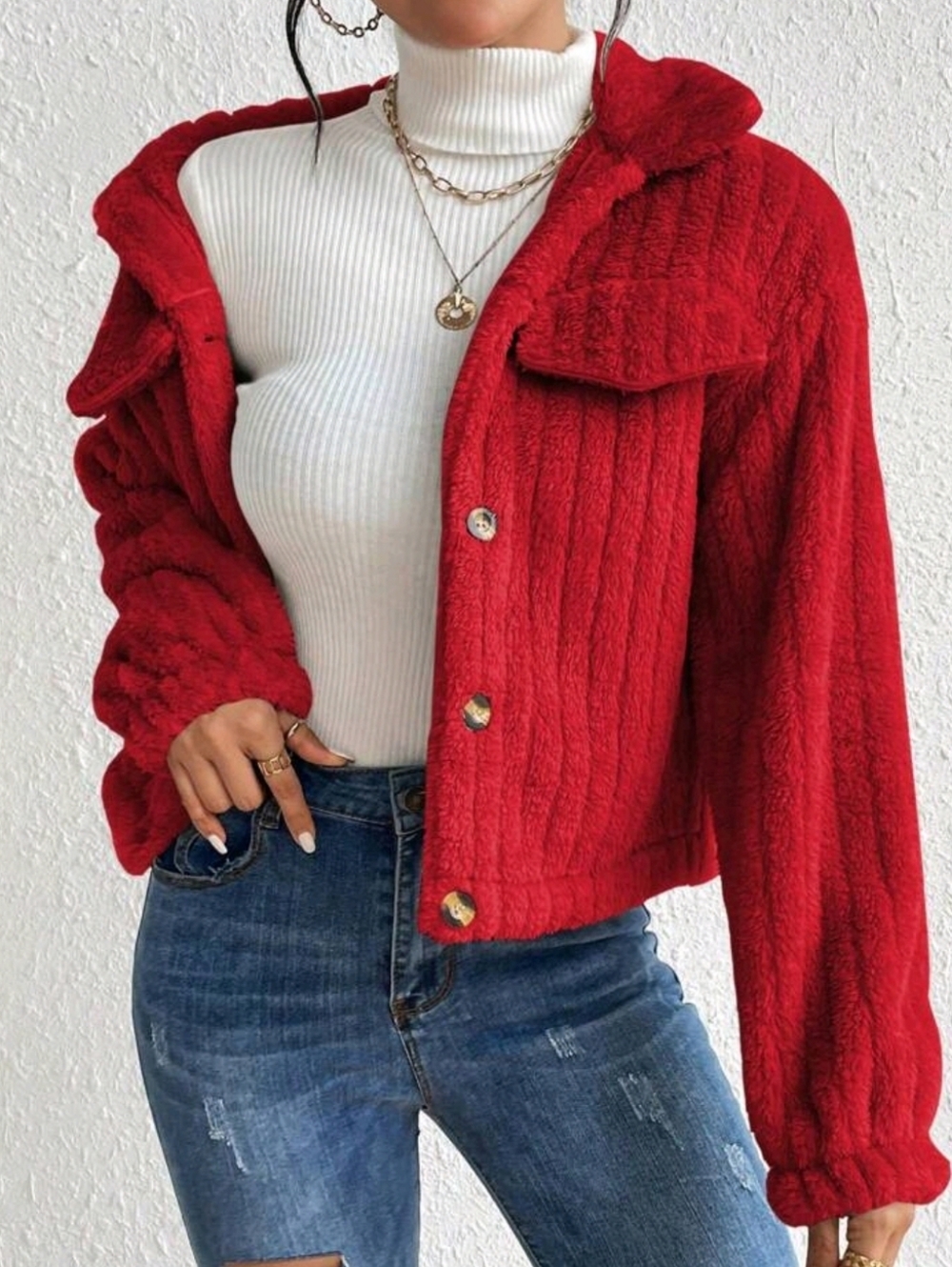 Red Plush Button-Front Jacket - Picture 4 of 6